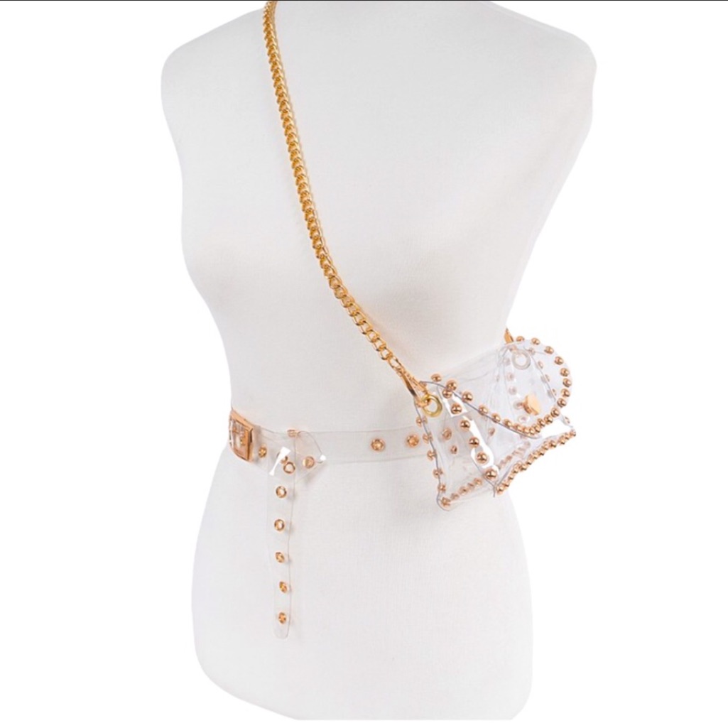 Gold Clear Vinyl Studs Convertible Belt Bag With Chain